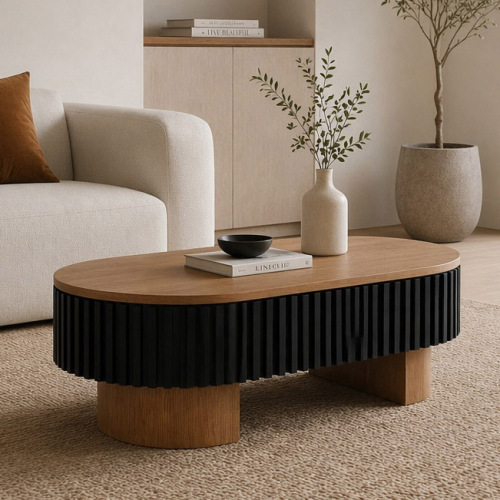 43.7" Oval Coffee Table With Hidden Storage,Fluted Modern Minimalist Wood Coffee Table for Living Room, Oval Center Table, Walnut + Black . - Solid Wood+MDF - French,Modern - Primary Living Space - Rubberwood - Brown - Solid Wood