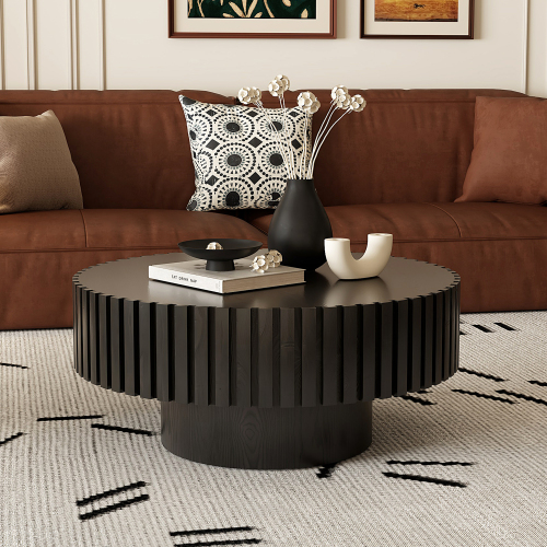 Round Coffee Table Handcrafted Relief Sturdy Pedestal Wooden Olive-Shaped Tea Table for Living Room - Black - MDF - Modern - Primary Living Space - Desk Top - Floor Mount - Lacquered - Coffee & End Tables - Black