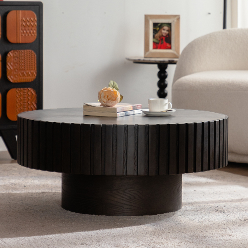 Round Coffee Table Handcrafted Relief Sturdy Pedestal Wooden Olive-Shaped Tea Table for Living Room - Walnut,Walnut+black - MDF - Modern - Primary Living Space - Desk Top - Floor Mount - Lacquered - Coffee & End Tables - black