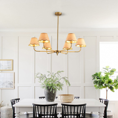 38-Inch Golden 6-Light Chandelier with Woven Rattan and Iron