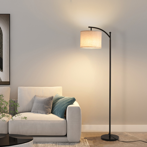 Floor Lamps with 3 Color Temperatures, Black Standing Lamp with Remote and Fabric Shade, Modern-Style Floor Lamp, Farmhouse Tall Lamp for Bedroom, Over Couch Arched Reading Light - Fabric+Metal
