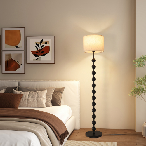 63-inch Modern Floor Lamp with Spherical Base and Linen Shade - Black - Fabric+Metal