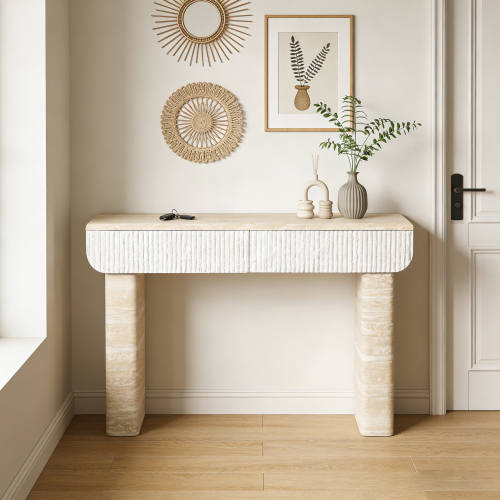 Entryway Table, Two Hidden Handle Drawers, Console Table ,Easy Assembly, for Entrance & Dinning Room & Living Room & Hallway - Beige+yellow - MDF - Minimalist - Primary Living Space - Rectangular - Floor Mount - Rectangular - Rectangular - Not Specified - Beige - Not Specified - Glossy - Not Specified - Not Specified