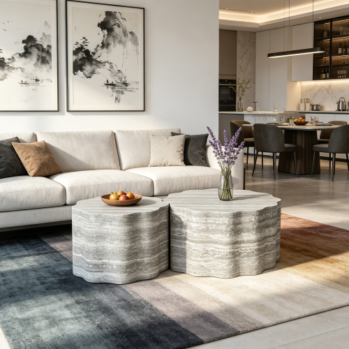 Set of 2 Round Coffee Tables for Living Room, Faux Mars Pattern Modern Minimalist Side Tables Accent End Table End Table for Apartment, Office - Beige+Grey - MDF - Primary Living Space - Not Specified - Not Specified - Floor Mount - Not Specified - Coffee & End Tables - Grey - Beige - Not Specified - Glossy - Not Specified - Not Specified