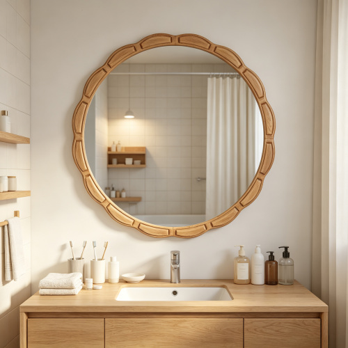 Round Solid Wood Wall Mirror - 31.5" Rustic Farmhouse Light Brown Wooden Circle Mirror for Bathroom, Living Room, Entryway & Wall Decor - Antique Natural - Solid Wood+MDF+Glass - Retro - Antique Natural