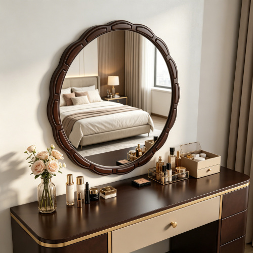 Round Wood Wall Mirror - 31.5" Farmhouse Rustic Wall Decorative Mirrors, Wooden Circle Boho Accent Mirror for Living Room, Bedroom, Bathroom, Entryway, Hallway, Fireplace - Walnut Brown - Solid Wood+MDF+Glass - Retro - Walnut Brown - Solid Wood