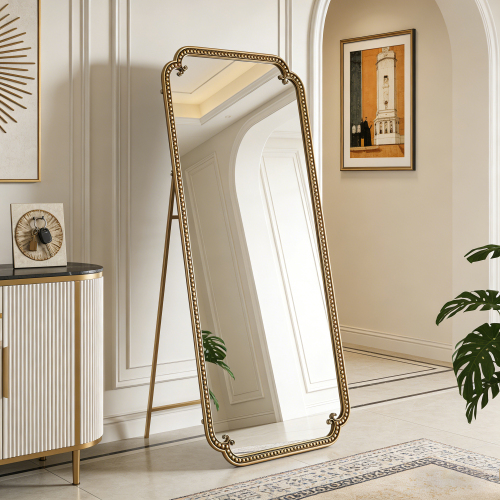 Full Length Mirror with Stand, 70.1"x31.9" Floor Standing Large Dressing Mirror Hanging or Leaning Against Wall for Bedroom Living Room, Antique Gold - MDF+Iron - Retro - MDF