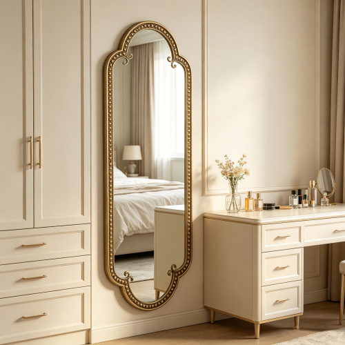 Scalloped Oval Wall Mirror, Vintage Gold Oblong Mirrors with Beaded Metal Frame, Ornate Decorative Mirror for Living Room, Bathroom Washroom, Bedroom Vanity - Antique Gold - MDF+Iron - Not Specified - Antique Gold - MDF
