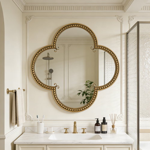 Quatrefoil Mirror, 31.5" Ornate Irregular Accent Mirrors, Wall Decor Mirror with Large Beaded Metal Frame, Glam Antique Gold Mirrors for Bathroom, Living Room, Dining Room, Bedroom, Mantel, Entryway - MDF+Iron - Not Specified - MDF