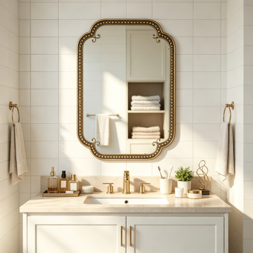 Wall Mirror Decor Irregular - Large Gold Beaded Bathroom Mirror,Rectangle Metal Framed Mirror Decor for Vanity Over Sink,Living Room,Dining Room,Bedroom,Entryway,24"x36" Round Corner - Antique Gold - MDF+Iron - Not Specified - Antique Gold - MDF