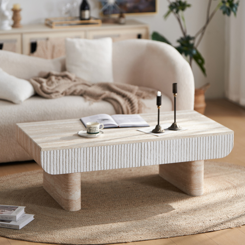 Coffee Table with Faux Marble Tabletop, Mid Century Modern Coffee Table with Fluted Drawer, Coffee Table for Living Room, Office - beige brown - Engineered Wood - Mid-Century Modern - Primary Living Space - Rectangular - Drawers - Floor Mount - Rectangular - Coffee & End Tables - Engineered Wood - Not Specified - Not Specified - Not Specified - Not Specified