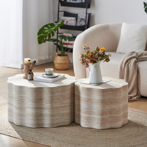 Set of 2 Round Coffee Tables for Living Room, Faux Mars Pattern Modern Minimalist Side Tables Accent End Table End Table for Apartment, Office - beige brown - Engineered Wood - Primary Living Space - Not Specified - Floor Mount - Not Specified - Coffee & End Tables - Engineered Wood - Engineered Hardwood - Glossy - Not Specified - Not Specified