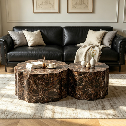 Set of 2 Round Coffee Tables with Faux Travertine Walnut Marble Top, Modern Minimalist Side Tables Accent End Table for Living Room, Apartment, Office - Natural Walnut - MDF - Primary Living Space - Not Specified - Not Specified - Floor Mount - Not Specified - Coffee & End Tables - Natural Walnut - MDF - Not Specified - Not Specified - MDF - Not Specified