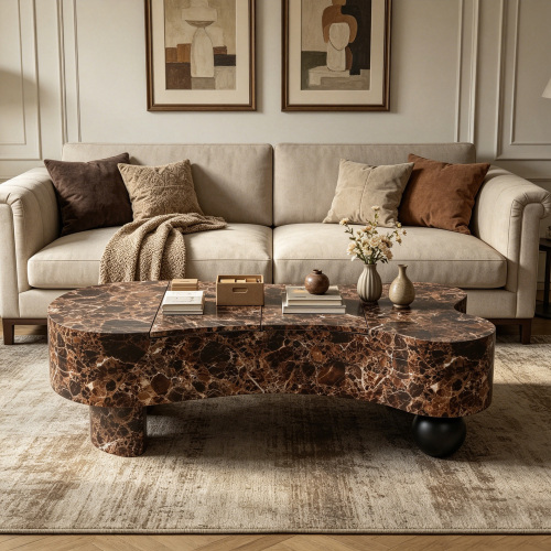 Faux Travertine Modern Irregular Coffee Table, Walnut Wood Texture Faux Marble Tabletop, with Hidden Storage and Fluted Detailing - Natural Walnut - MDF - Not Specified - Primary Living Space - Not Specified - Not Specified - Floor Mount - Not Specified - Coffee & End Tables - Natural Walnut - MDF - Not Specified - Not Specified - Not Specified - Not Specified