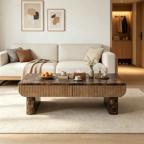 47" Coffee Table with Walnut Wood Texture Faux Marble Tabletop, Contemporary Rectangular Coffee Table with Fluted Drawer for Living Room, Office - Natural Walnut - MDF - Mid-Century Modern - Primary Living Space - Drawers - Floor Mount - Coffee & End Tables - Natural Walnut - MDF - Not Specified - Not Specified - MDF - Brown