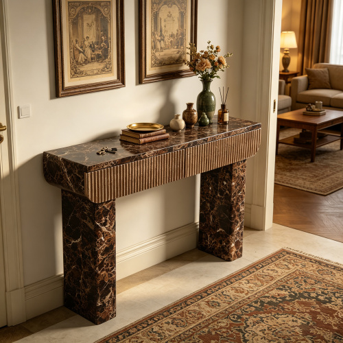 Entryway Table,Two Hidden Handle Drawers, Faux Travertine Modern Console Table, Walnut Wood Texture Faux Marble Tabletop, for Entrance & Dinning Room & Living Room & Hallway - Black + Dark Walnut - MDF - Not Specified - Not Specified - Not Specified - Not Specified - Not Specified - Not Specified - Not Specified - Dark Walnut - MDF - Not Specified - Not Specified - Not Specified - Not Specified