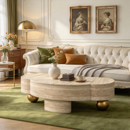 Faux Travertine Modern Irregular Coffee Table, Beige Brown Wood Texture Faux Marble Tabletop, with with flip top and hidden storage compartment - MDF - Not Specified - Not Specified - Not Specified - Not Specified - Not Specified - Not Specified - Not Specified - MDF - Not Specified - Not Specified - Not Specified - Not Specified