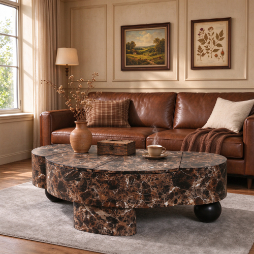 Faux Travertine Modern Irregular Coffee Table, Walnut Wood Texture Faux Marble Tabletop, with with flip top and hidden storage compartment - Dark Walnut - MDF - Not Specified - Not Specified - Not Specified - Not Specified - Not Specified - Not Specified - Not Specified - Dark Walnut - MDF - Not Specified - Not Specified - Not Specified - Not Specified