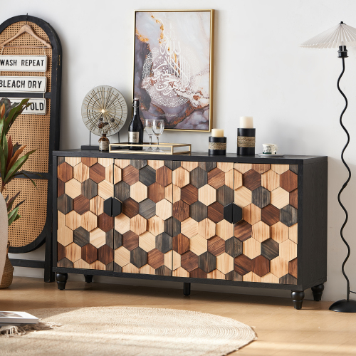 Distressed Storage Cabinet with Honeycomb Pattern, Modern Accent Cabinet with Doors for Entryway Buffet Sideboard Living Room Sideboard - Antique Black - Engineered Wood - Bedroom - Engineered Hardwood - Engineered Wood - Bedroom - Not Specified - Not Specified - Not Specified - Not Specified