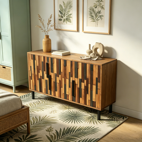 47.24" Farmhouse Rustic Sideboard With Straight Wood Pattern, Modern Accent Cabinet - Natural Ash - Primary Living Space - Not Specified - Natural Ash - Not Specified - 3-4 Spaces - Square - Not Specified