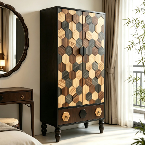 60'' Tall Storage Cabinet with Drawer, Decorative 2-Doors with Honeycomb Pattern, Wood Accent Cabinet with Solid Pinewood Legs for Living Room, Hallway, Dining Room - Antique Black - Solid Wood+MDF - Primary Living Space - Not Specified - Antique brown - Solid Wood - Classic - Not Specified - Not Specified - Adjustable Shelves