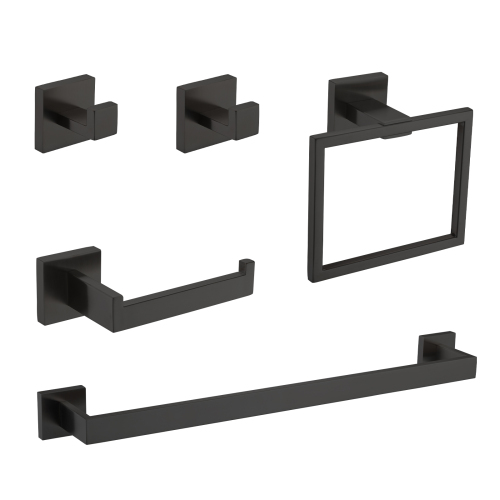 5-Piece SUS304 Bathroom Set: Towel Bar + Ring + Hooks + TP Holder, Brushed Finish - Black - Stainless Steel - Modern - Black - Stainless Steel
