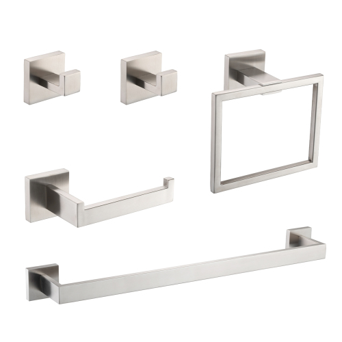 5-Piece SUS304 Bathroom Set: Towel Bar + Ring + Hooks + TP Holder, Brushed Finish - Brushed Nickel - Stainless Steel - Modern - Brushed Nickel - Stainless Steel