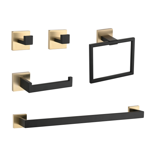 5-Piece SUS304 Bathroom Set: Towel Bar + Ring + Hooks + TP Holder, Brushed Finish - Black,Gold - Stainless Steel - Modern - Gold - Stainless Steel