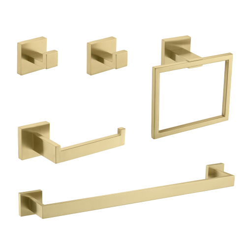 5-Piece SUS304 Bathroom Set: Towel Bar + Ring + Hooks + TP Holder, Brushed Finish - Gold - Stainless Steel - Modern - Gold - Stainless Steel