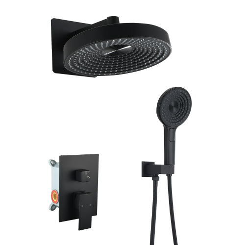 Modern Minimalist Concealed Shower System 2-Function Set - Solid Brass Control Valve, ABS Overhead & Handheld Shower with Self-Cleaning Silicone Nozzles - Matte Black - ABS,brass,Stainless Steel - Bathroom - Wall-Mounted