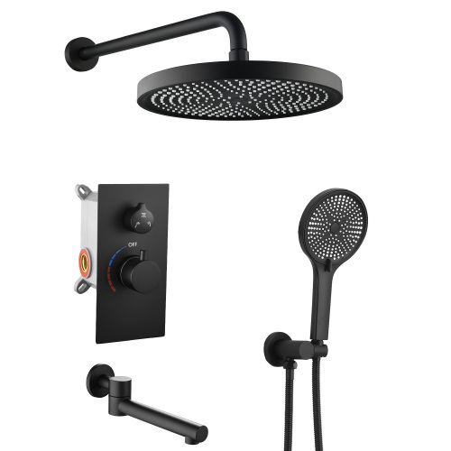 Luxury 3-Function Shower System Set - Solid Brass Control Valve, 10" Overhead Shower, 3-Spray Handheld, with Bathtub Spout - Matte Black - ABS,brass,Stainless Steel - Modern - Bathroom - one - Wall-Mounted - Knob Handles - 3 Hole Faucets