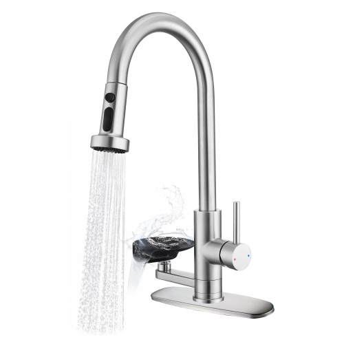 3-in-1 Kitchen Faucet with Press-Type Glass Rinser, High-Arc Pull-Down Sprayer Faucet, 3 Function Spray Mode, Brushed Nickel Finish, for Modern Kitchen Sink - ABS,Stainless Steel