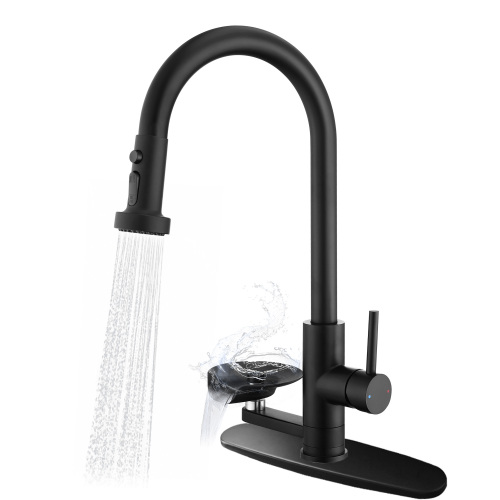 3-in-1 Kitchen Faucet with Press-Type Glass Rinser, High-Arc Pull-Down Sprayer Faucet, 3 Function Spray Mode, Matte Black Finish, for Modern Kitchen Sink - ABS,Stainless Steel