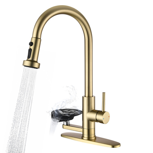 3-in-1 Kitchen Faucet with Press-Type Glass Rinser, Universal for 1 & 3 Holes, High-Arc Pull-Down Sprayer with 3 Function Spray Mode, Brushed Gold Finish - ABS,Stainless Steel