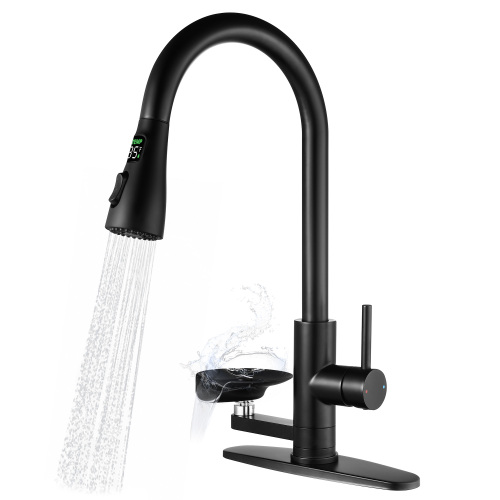3-in-1 Kitchen Faucet with 3-Color LED Temperature Display, Press-Type Glass Rinser, High-Arc Pull-Down Sprayer, 3 Spray Modes, Matte Black Finish for Modern Kitchen Sink - Stainless Steel