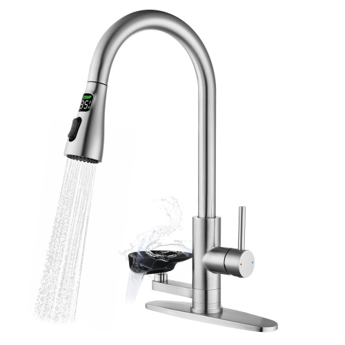 3-in-1 Kitchen Faucet with 3-Color LED Temperature Display, Press-Type Glass Rinser, High-Arc Pull-Down Sprayer, 3 Spray Modes, Brushed Nickel Finish for Modern Kitchen Sink - Stainless Steel