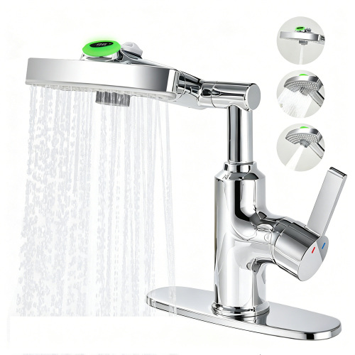 LED Temperature Display Bathroom Faucet, 3 Water Modes & 360° Rotating Spout Single Handle Vanity Sink Faucet with Digital Screen - Chrome - brass
