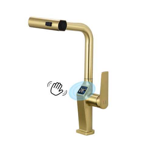 Touchless ​​Brushed Gold Kitchen Faucet with LED Display, Motion Sensor Kitchen Sink Faucet with 3-Function Pull-Out Sprayer & 360° Swivel Spout - Metal