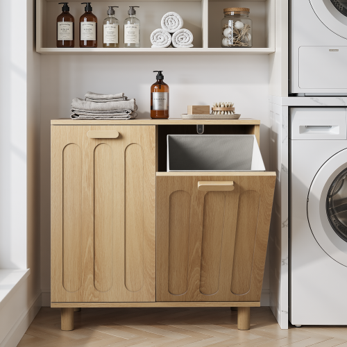 Tilt-out laundry cabinet with removable basket, concealed laundry storage, bathroom laundry storage unit, freestanding home storage rack, oak finish - MDF - American Design,Art Deco,Casual,Farmhouse,Mid-Century Modern - 1-2 Spaces - Storage Basket - Primary Living Space - Engineered Hardwood