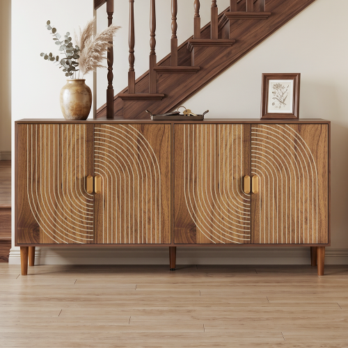 62.6-Inch Walnut Sideboard with Storage, 4-Door Credenza Featuring Vertical Grooved Detailing, Multifunctional Accent Cabinet Suitable for Dining Room, Living Room, Entryway, and Kitchen - Partice Board+MDF+Pine Wood - American Design,Casual,Farmhouse,Mid-Century Modern,mix match - Primary Living Space - Engineered Hardwood - Adjustabel Shelves