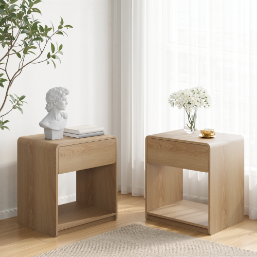 Mid-century modern bedside table set, 2 pieces, with storage drawers and open shelves, bedroom side table with rounded corners, compact bedside table set, oak color - Particle Board+MDF - American Design,Farmhouse,Mid-Century Modern,Minimalist,mix match - 1 Drawer - Easy Assembly - Bedside Cabinet - Engineered Hardwood - Nature