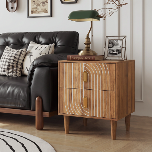 Medieval-style modern bedside table with double drawers for storage and solid wood legs; bedroom side table, bedside storage cabinet, compact bedside table, walnut color. - Partice Board+MDF+Pine Wood - American Design,Artsy,Casual,Farmhouse,Mid-Century Modern - 2 Drawers - Easy Assembly - Bedside Cabinet - Engineered Hardwood