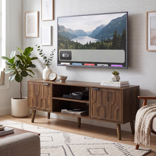 47.2-inch walnut TV stand, mid-century modern style TV stand for 32/45 inch TV, entertainment center with storage with paper clip design, media console for living room and bedroom. - Particle Board+MDF - American Design,Art Deco,Farmhouse,Mid-Century Modern,Mission - Primary Living Space - Engineered Hardwood