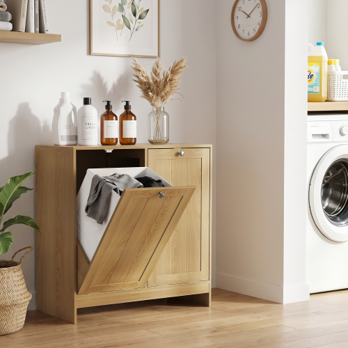 Tilted Laundry Hamper with Removable Basket, Hidden Laundry Hamper, Bathroom Laundry Hamper Storage Cabinet, Free-Standing Home Organizer, oak - MDF - American Design,Beach,Farmhouse,Mid-Century Modern,mix match - Primary Living Space