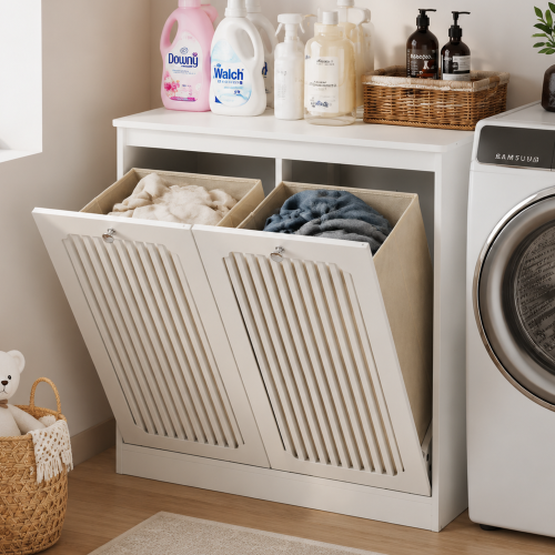 Flip-top louvered laundry basket cabinet, household double-section fabric laundry storage cabinet, balcony and bathroom floor-standing storage cabinet, white. - Particle Board+MDF - American Design,Farmhouse,Mid-Century Modern,Minimalist,mix match - 1-2 Spaces - Storage Basket - Primary Living Space - Freestanding - Natural - Engineered Hardwood