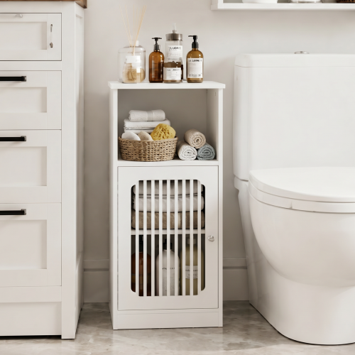 Bathroom low cabinet, louvered door floor-standing bathroom storage cabinet, multi-layer bathroom storage cabinet, white - Particle Board+MDF - American Design,Farmhouse,Mid-Century Modern,Minimalist,mix match