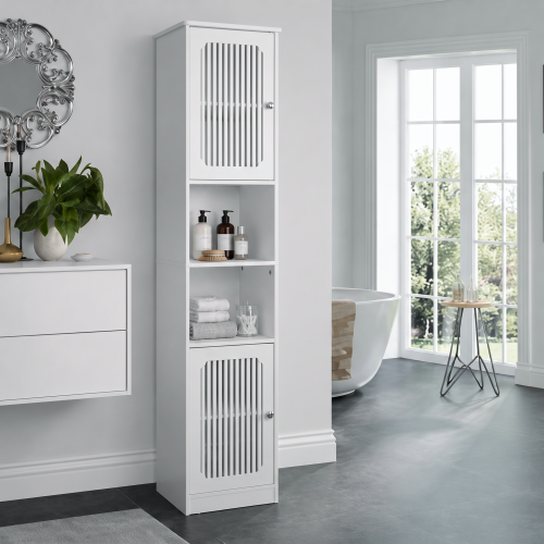 64-Inch Bathroom tall cabinet with adjustable drawer shelves, louvered door floor-standing storage unit, multi-tiered vertical narrow storage cabinet for bathroom, white. - Particle Board+MDF - American Design,Farmhouse,Mid-Century Modern,Minimalist,mix match