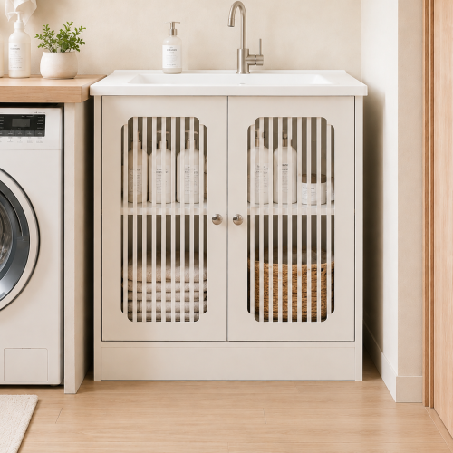 Washbasin cabinet without basin, louvered double-door floor-standing bathroom vanity and storage unit, white bathroom floor-standing storage cabinet. - Particle Board+MDF - American Design,Farmhouse,Mid-Century Modern,Minimalist,mix match