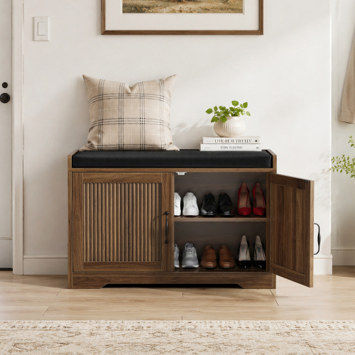 31.5-inch walnut-colored entryway shoe bench, entryway storage bench with double doors and comfortable upholstery, suitable for hallway and entrance areas. - Particle Board+MDF - Art Deco,Farmhouse,Mid-Century Modern,mix match,Retro - 1-2 Spaces - Primary Living Space - Freestanding - Matte - Engineered Hardwood