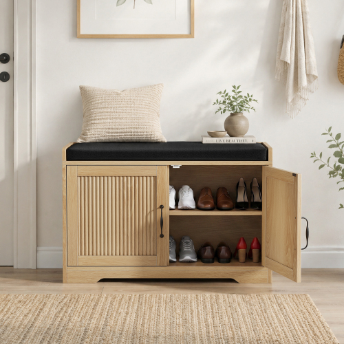 31.5-inch oak-colored entryway shoe bench, entryway storage bench with double doors and comfortable upholstery, suitable for hallway and entrance areas. - Particle Board+MDF - Art Deco,Farmhouse,Mid-Century Modern,mix match,Rustic - Primary Living Space - Engineered Hardwood - Nature